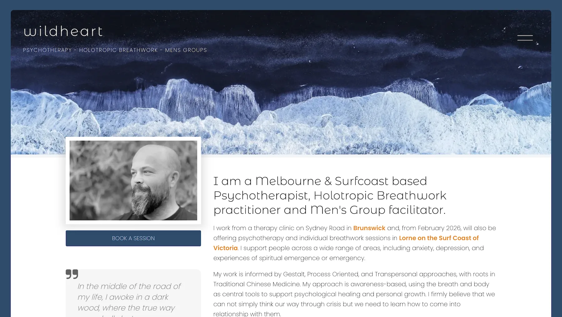 Screenshot of the Wildheart Psychotherapy website